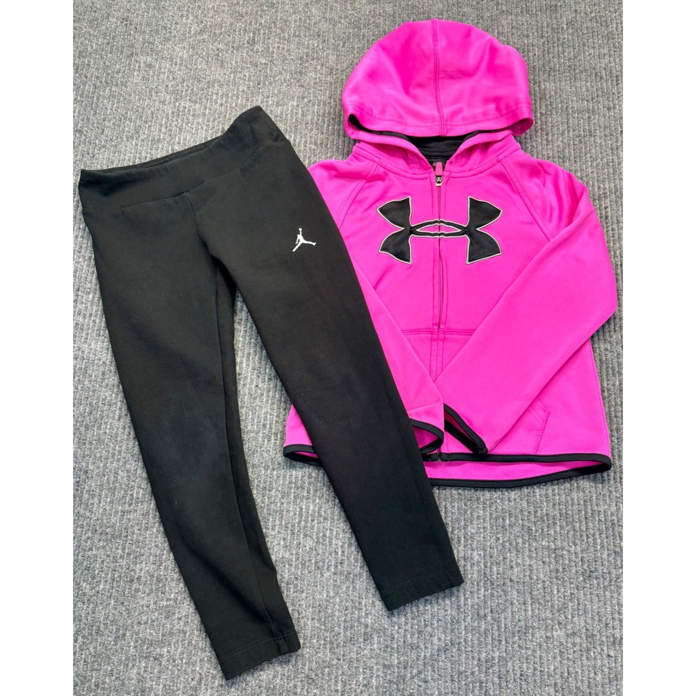Under Armour Pink Full Zip Hoodie and Jordan Black Leggings Set Kids Size 6 6X